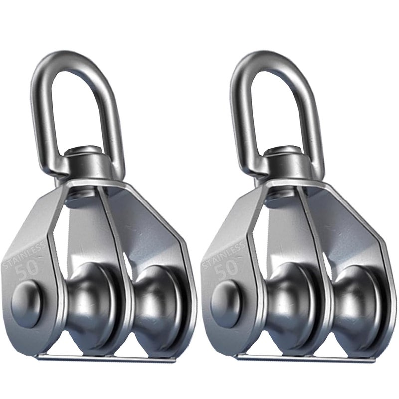 Twours Pulley 304 Stainless Steel Double Pulley Block M50 Small Heavy Duty Swivel Bearing Pulley System for Rigging, Lifting, Cargo Transportation,Gym Equipment (SHL-M50 2PCS) - Image 1